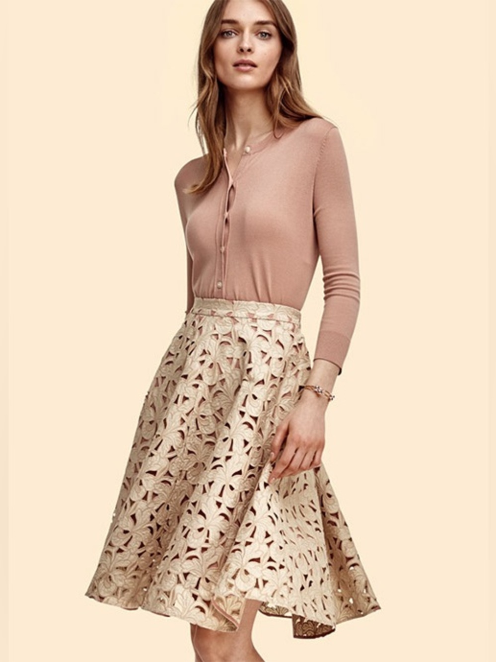 Ann Taylor Guipure Beige Blush Pink Flare 100% Cotton Floral Cut Out Knee Skirt